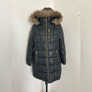 Liz Claiborne Leopard Print Puffer Coat with Fur Hood